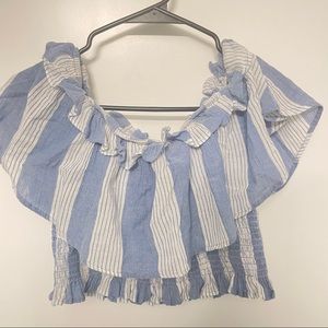 American eagle blue/white stripe off shoulder crop top